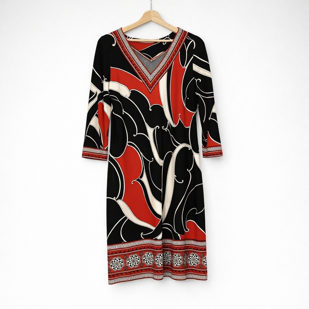 Chico's Red Black Abstract Print Dress Y2K Retro Mod Travelwear Chico's Size 0